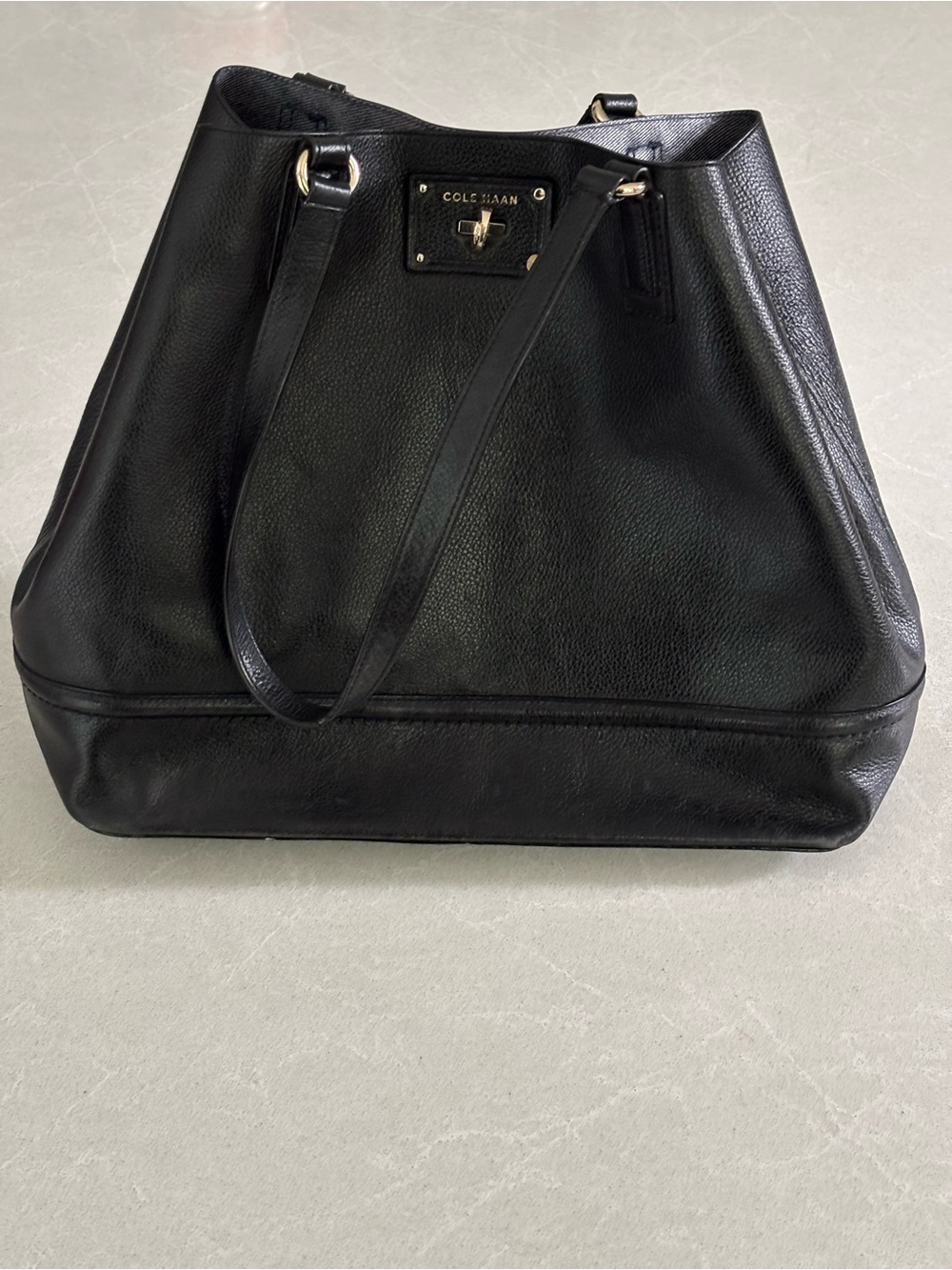 Cole Haan Black Pebbled Leather Turn-Lock Tote Bag Gold Hardware FLAWS